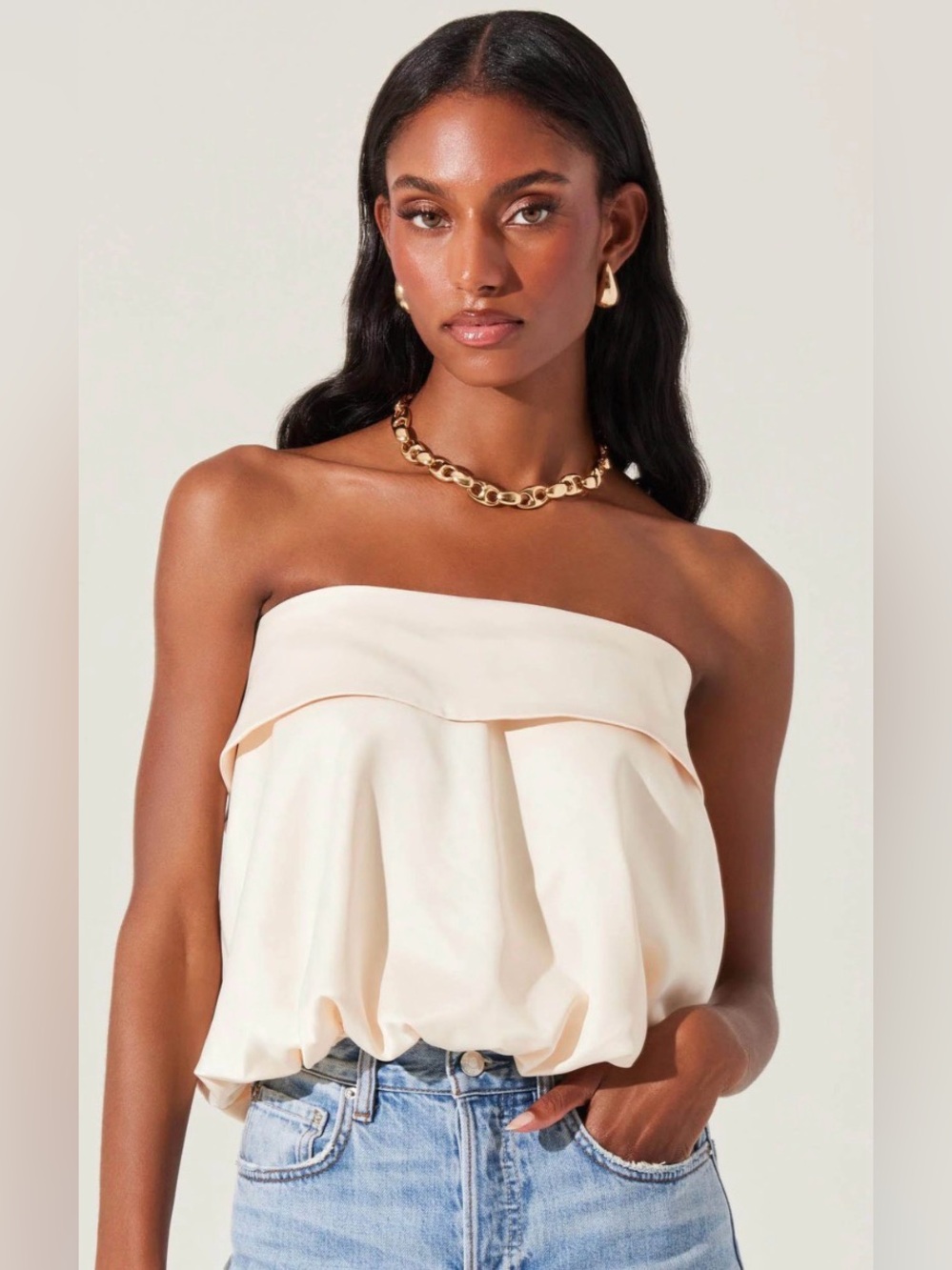 ASTR The Label Khloe Strapless Bow Back Top in Champagne